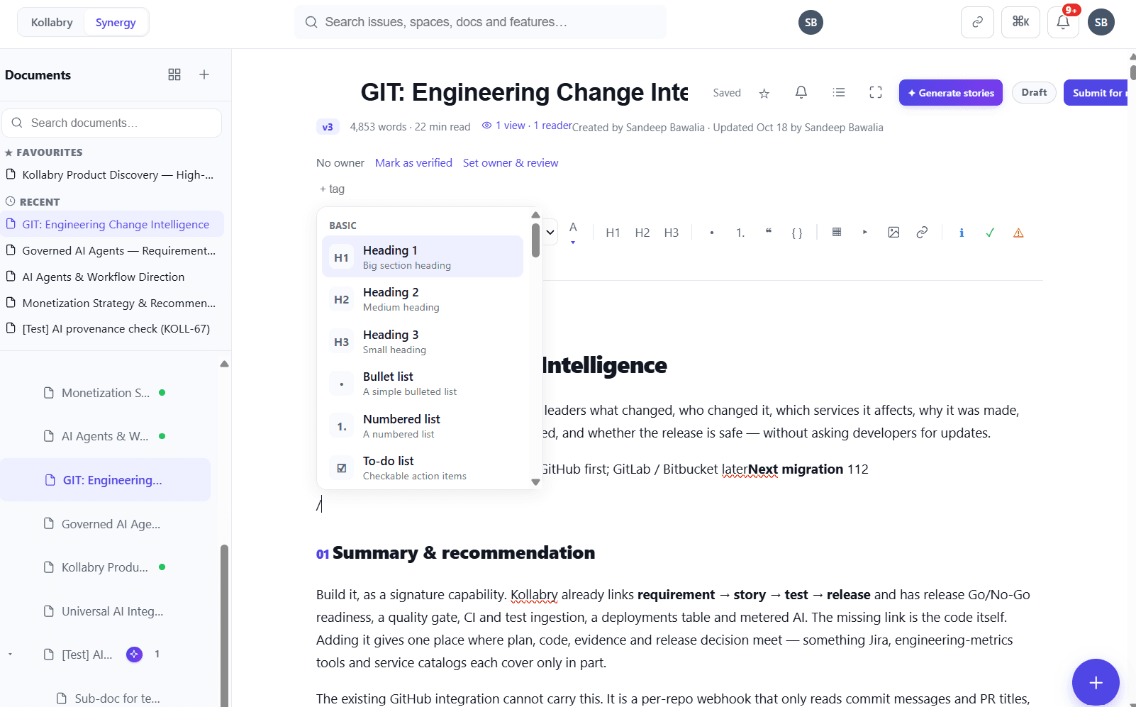 The Synergy editor with the slash menu open, Favourites and Recent in the sidebar
