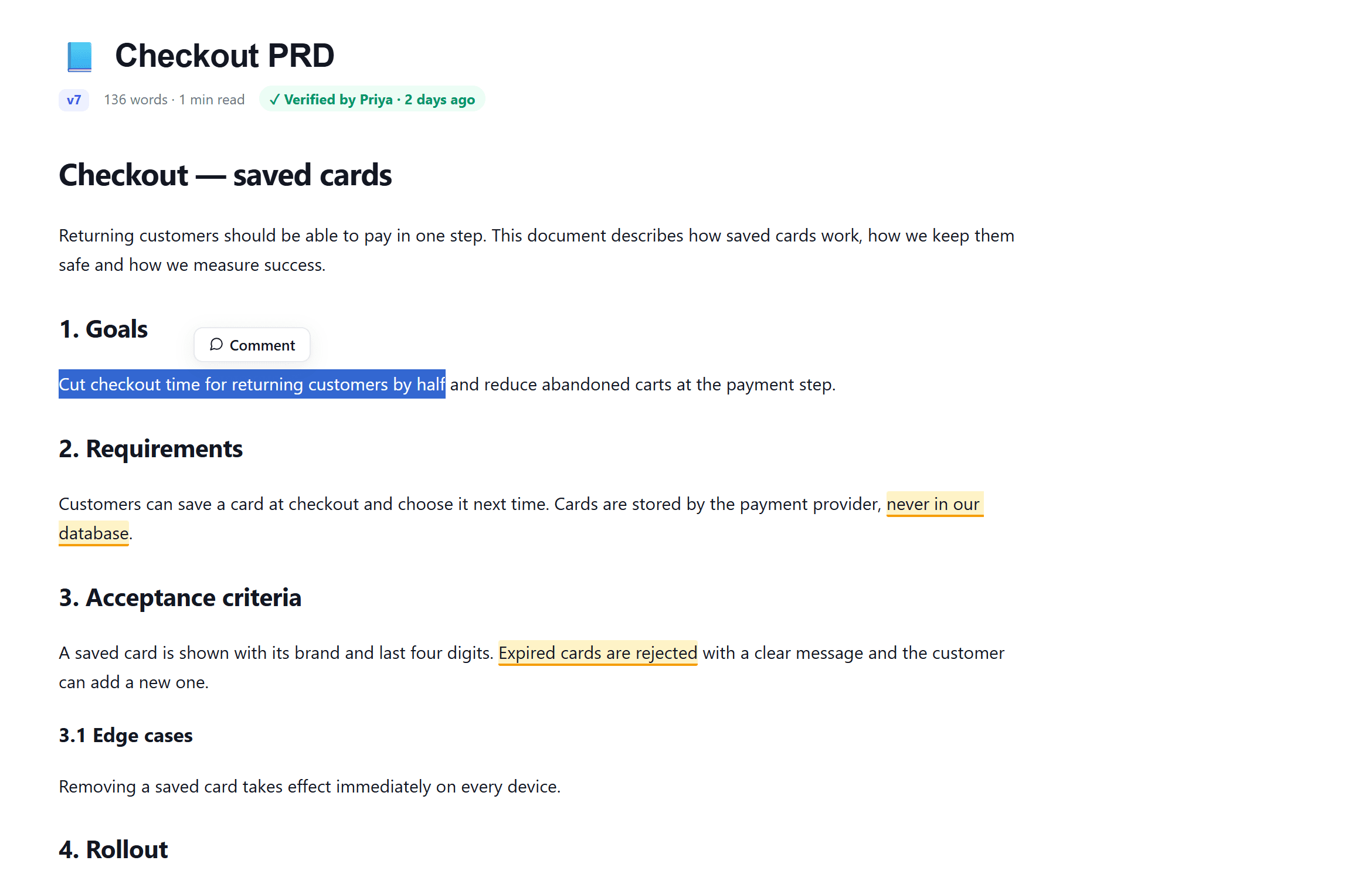 A document with highlighted inline comments, a Comment button over selected text and a Verified badge