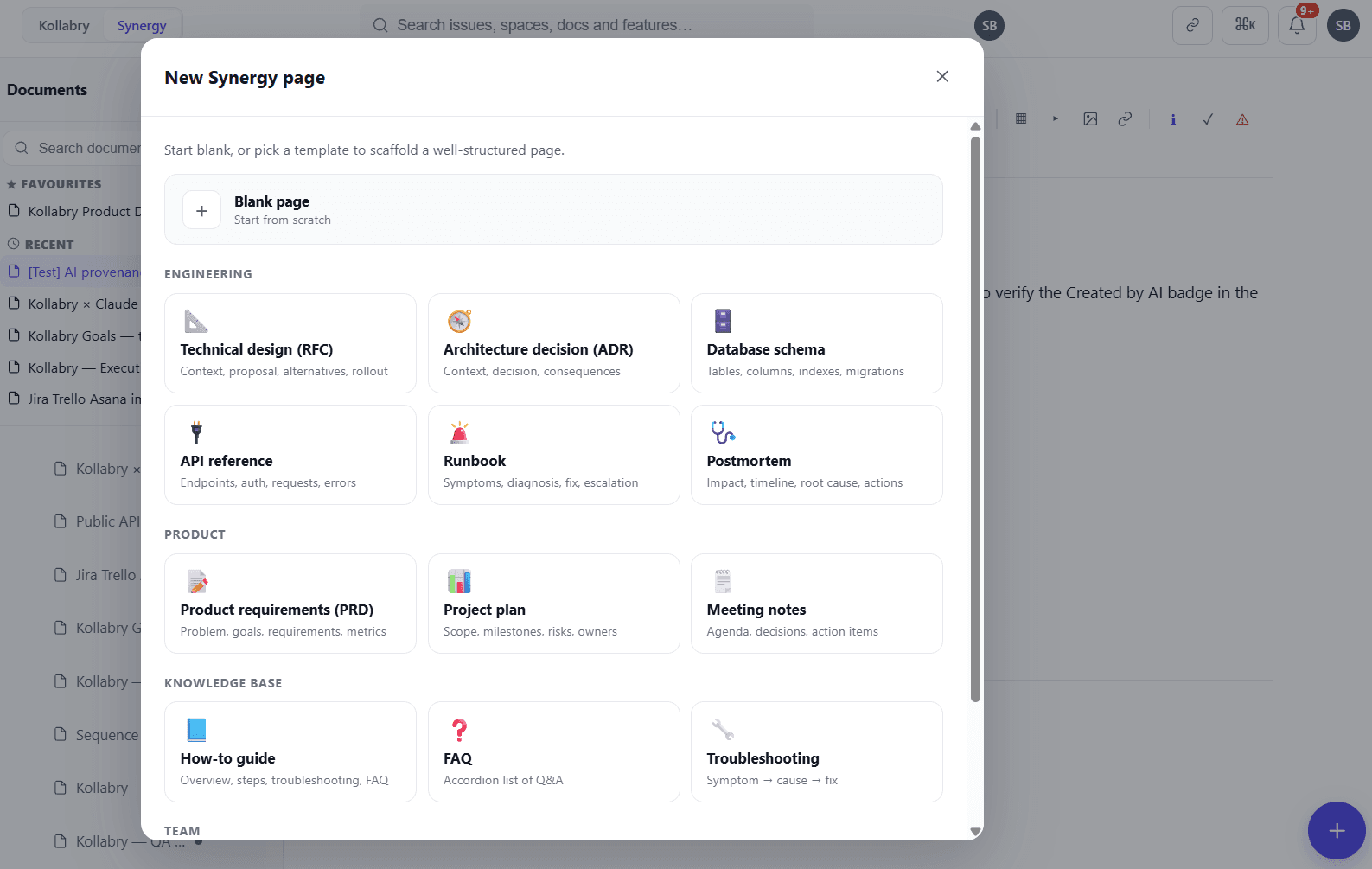 The New Synergy page dialog with templates grouped by Engineering, Product and Knowledge base