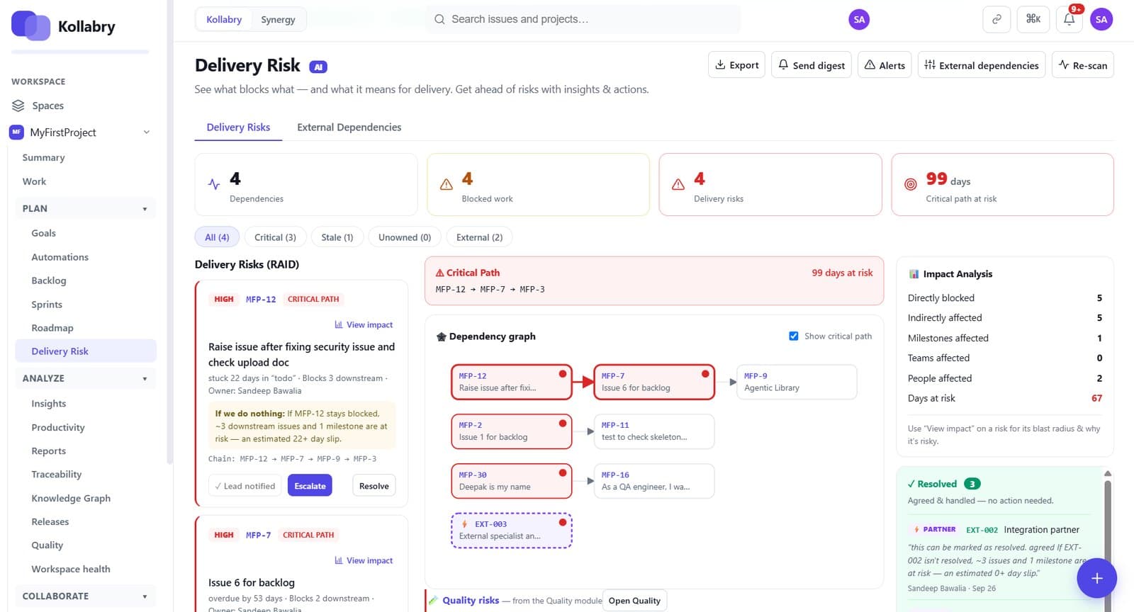 The Delivery Risk view with at-risk work and the reasons