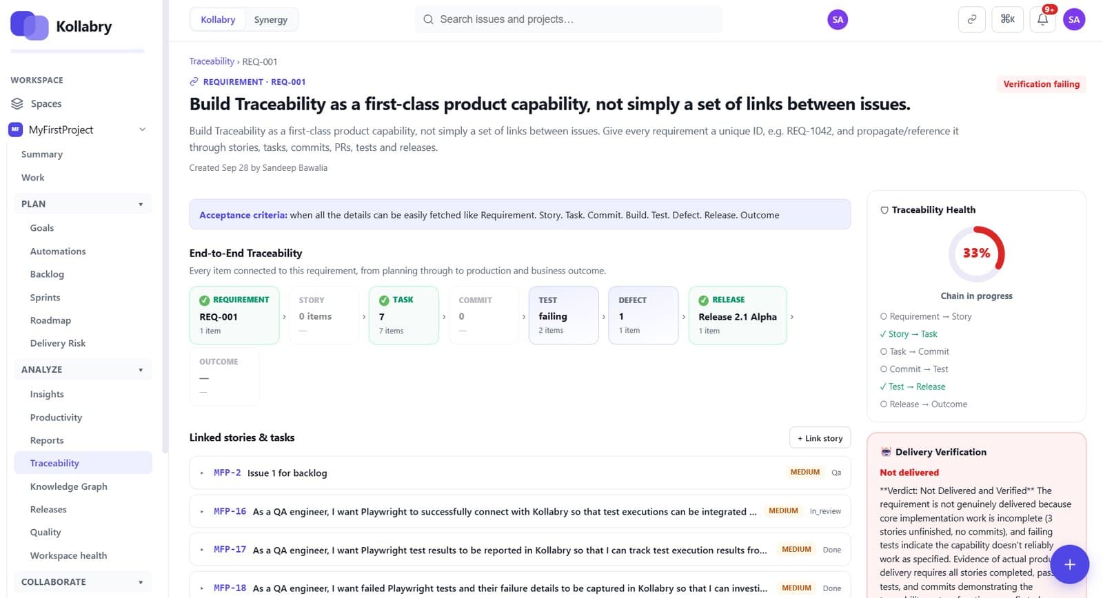 Traceability from documents to requirements, stories and tests
